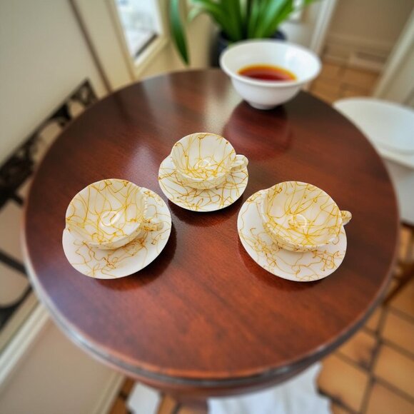 Vintage Hazel Atlas Spagetti Splatter Marbled Milk Glass Tea Cup & Saucer Set Of - Picture 5 of 11